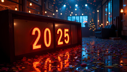 New Year's Eve celebration in a cozy room with colorful decorations and 2025 lights