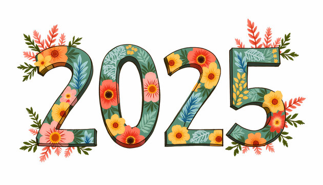 Floral 2025 text design with colorful flowers and leaves on a white background