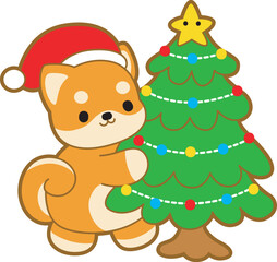 Cute puppy kawaii christmas dog lovely animal vector icon. Fluffy Shiba Inu christmas stickers. Santa doggy