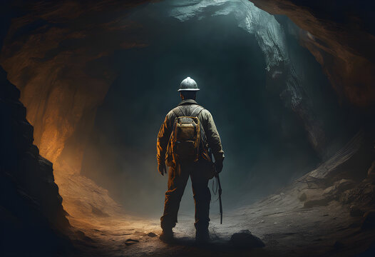 A ghostly man in an old miner's khaki uniform stands at the entrance of a deep, dark cave, with the light from his helmet shining through the thin mist.