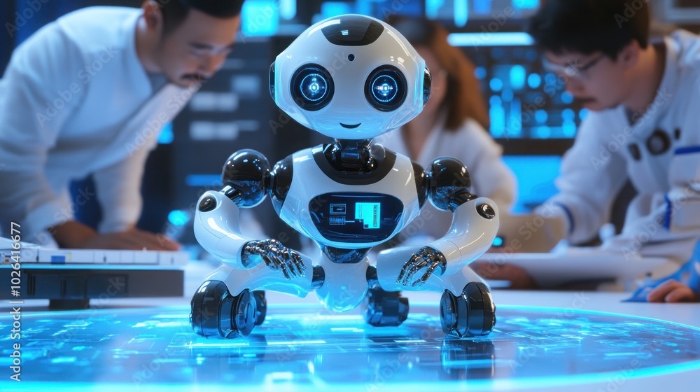 Poster a white and black humanoid robot with big eyes is standing on a glowing blue circular platform. two 