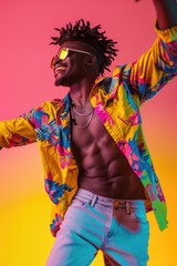 A man wearing a brightly colored shirt and sunglasses, perfect for casual events or fashion photography