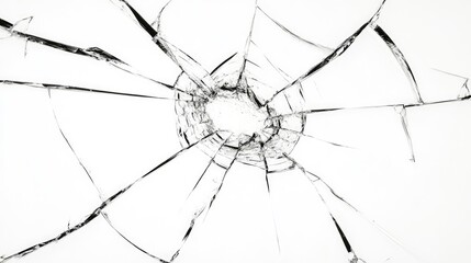 Obraz premium Large cracked glass isolated on a white background, featuring sharp, jagged lines spreading out from a central impact point