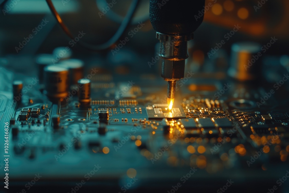 Poster detailed view of a computer motherboard with various components and circuitry