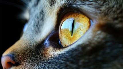 A close-up of a cat's eyes as it stares out a window, with the light reflecting in its deep, vibrant irises