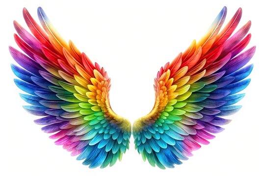 Colorful wings with a rainbow pattern, isolated on a white background