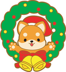 Cute puppy kawaii christmas dog lovely animal vector icon. Fluffy Shiba Inu christmas stickers. Santa doggy