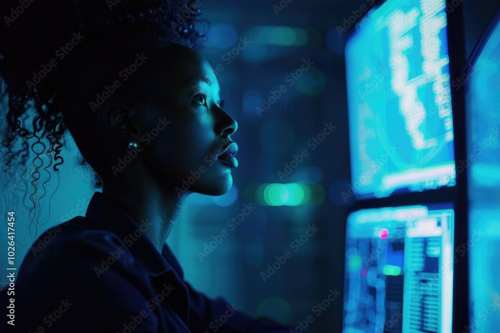 Poster a person sitting in front of a computer monitor with a thoughtfully expression