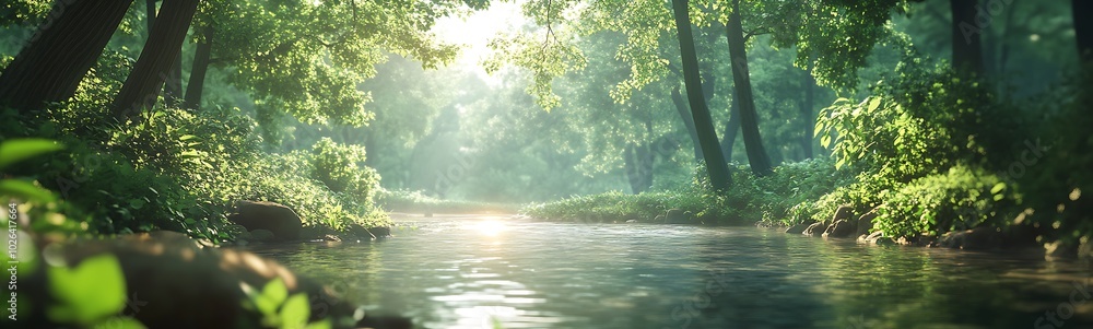 Poster a serene forest glade with sunlight filtering through trees, illuminating a calm river, surrounded b