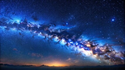 Naklejka premium Panorama blue night sky with milky way and stars on dark background Universe filled with stars