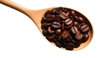Fototapeta premium Wooden spoon of coffee beans on white background. Coffee in spoon isolated. Top view