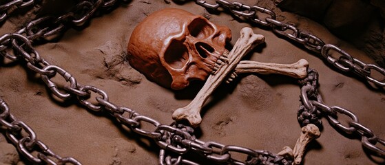 A skull and crossbones is chained to a chain