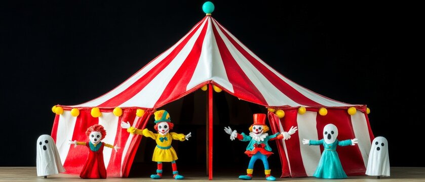 A group of clowns stand in front of a circus tent