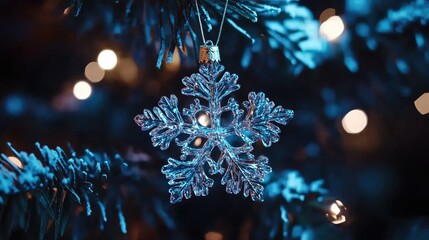 Fototapeta premium A close-up of a Christmas ornament shaped like a snowflake, hanging on a tree with twinkling lights in the background