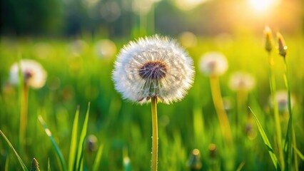 Common dandelion infructescence in overgrown meadow at tilted angle
