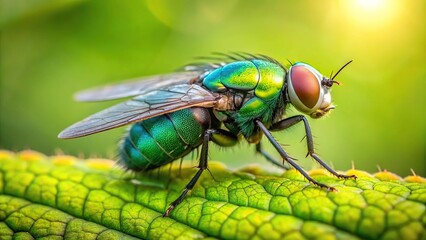 Common green bottle fly resting on leaf with blurred background