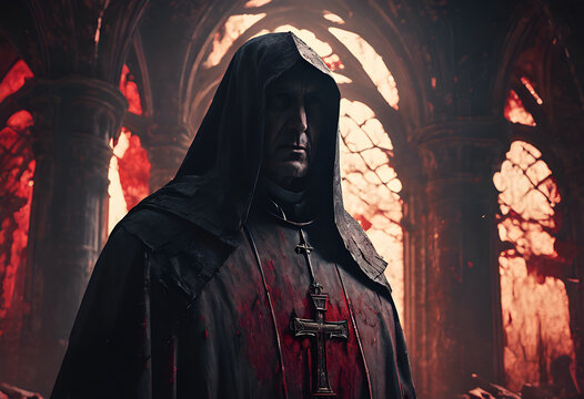 A male ghost in a priest's robe, covered in blood, stands in the middle of an abandoned temple with ancient paintings on the walls. Moonlight shines through the broken roof.