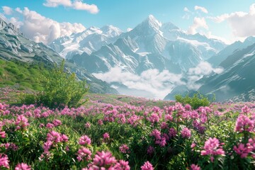 Fototapeta premium A field of pink flowers against a majestic mountain backdrop, perfect for travel or nature-themed projects