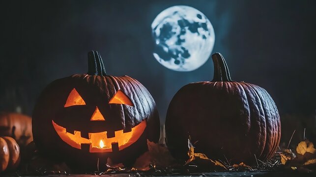 A creepy Halloween night with a pumpkin patch under a full moon, creating a hauntingly beautiful atmosphere.