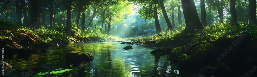 Poster A tranquil forest scene with a flowing stream, sunlight filtering through trees, creating a serene and peaceful atmosphere.