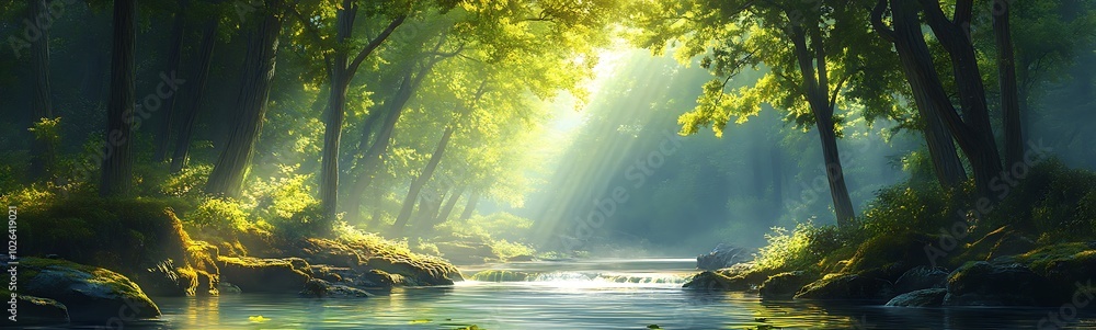 Poster a serene forest scene featuring a sunlit stream surrounded by lush greenery, creating a tranquil and