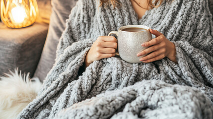 Cozy Portrait of a Sick Woman with cold of flu  Holding Tea on a Sofa