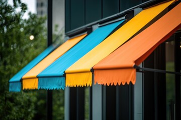 Colorful awnings on the side of a building, great for commercial or residential use