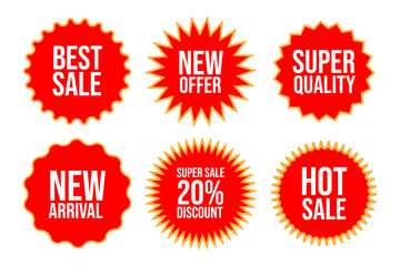 set of sale labels, price stickers, sunburst promo tags, and discount emblems.promotional badges set