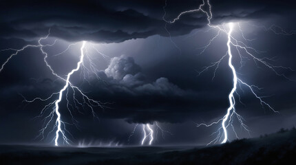 Lightning on a stormy dark cloudy background. Lightning thunderstorm flash over the night sky. Amazing lightning in the middle of a rain cloud. Powerful thunderstorm with dramatic lightning strikes
