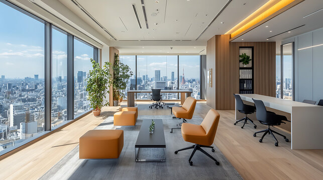 Spacious modern office interior featuring clean lines, minimalist decor, and ergonomic workstations. The cityscape outside provides a stunning backdrop through floor-to-ceiling windows. 