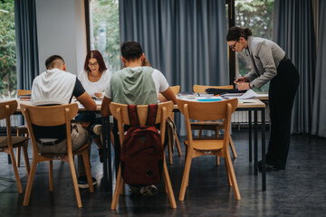 A teacher provides guidance to students working at a desk in a contemporary classroom. The room has a relaxed, focused atmosphere, ideal for group study and learning.