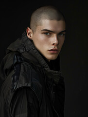 Portrait of a young man with a shaved head in a black jacket, gazing intently at the camera against a dark background