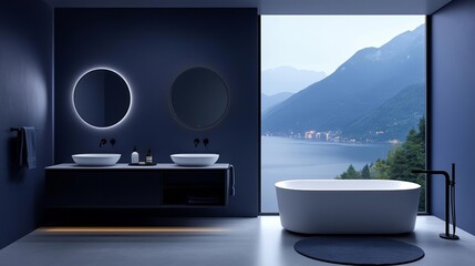 Elegant bathroom in dark blue tones, featuring ambient lighting, circular mirrors, and a serene bathtub with a scenic view