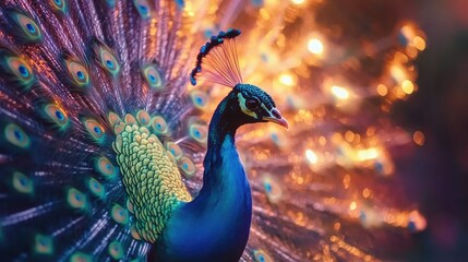 A close-up of a peacock displaying its vibrant and colorful tail feathers in full spread, creating a stunning visual effect
