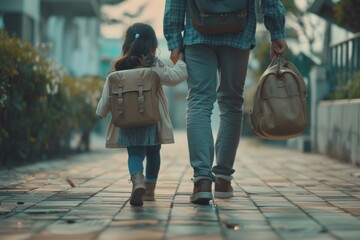 A man and young girl walking together on a city sidewalk, great for family or friendship concepts