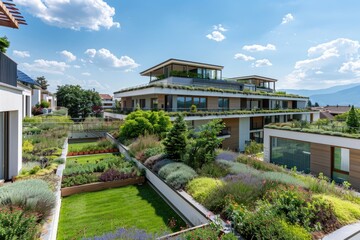 Obraz premium A single-family home with a green rooftop garden situated on a hillside