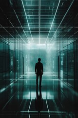 A person standing alone in a dimly lit space