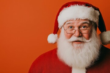Jolly Santa Claus smiling in a festive red outfit with a snowy white beard, orange background.