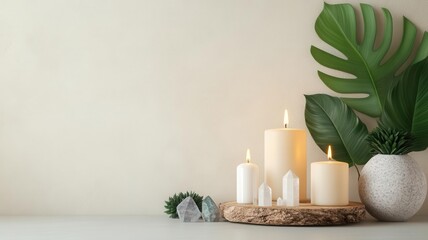 Yoga retreat setup with candles, crystals, and natural decor, 3D illustration