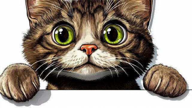 A brown tabby cat with green eyes peeks over a white surface, looking curious