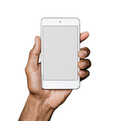 Close-up of a hand holding a smartphone on transparent background