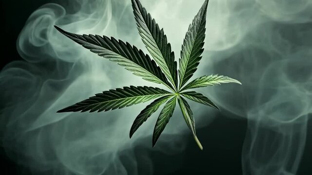 A marijuana leaf sits in front of a plume of smoke