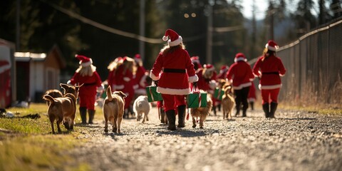 Volunteers dressed as Santa and elves delivering gifts and supplies to an animal rescue center, [Operation Santa Paws], [festive spirit, animal care], ,
