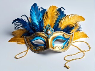 Elegant carnival mask decorated with feathers in gold and blue tones. white background.