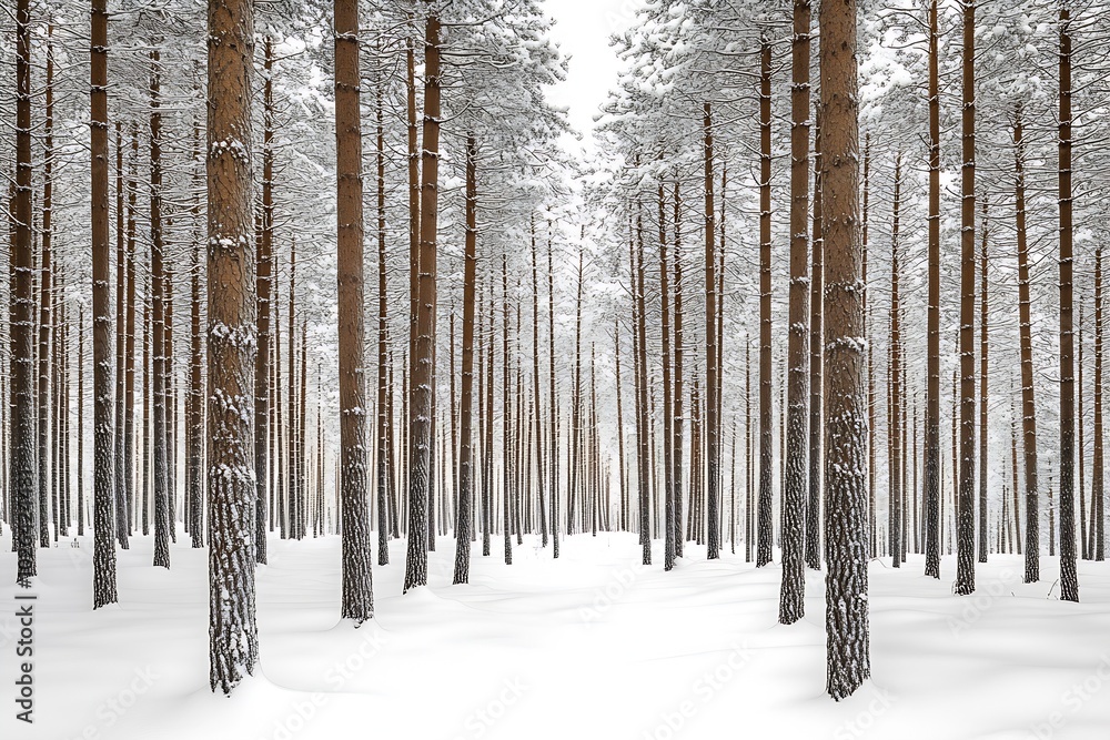 Poster in the pine forest, many tall trees covered with snow : generative ai