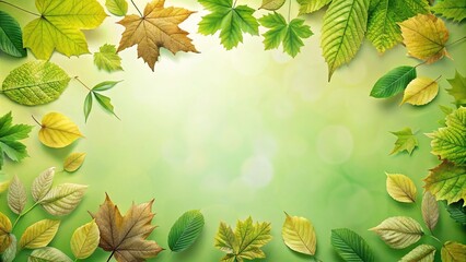 Panoramic background of leaves on light green and white