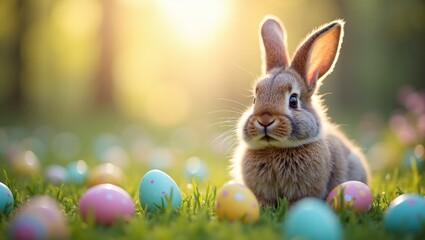 Adorable bunny in garden with Easter eggs soft morning light