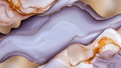 Elegant purple and gold marble texture with flowing alcohol ink patterns creates stunning visual effect. blend of colors evokes sense of luxury and sophistication