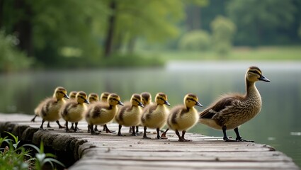 Obraz premium Adorable ducklings following their mother across a wooden bridge by a tranquil lake