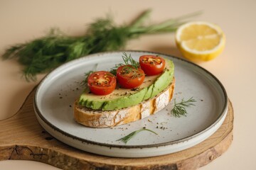 A plate of bread with avocado and tomatoes on top